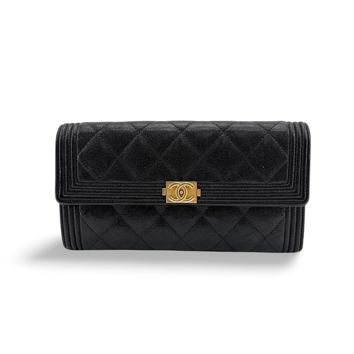 Chanel Boy Quilted Flap Long Wallet Black Gold Hardware