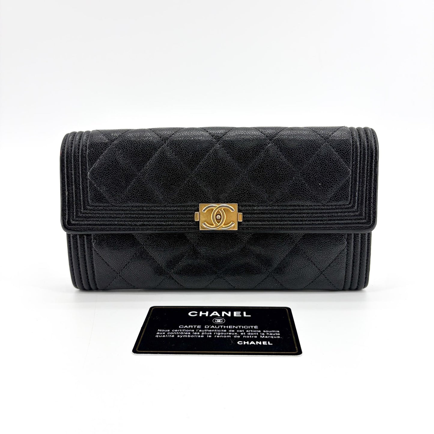 Chanel Boy Quilted Flap Long Wallet Black Gold Hardware
