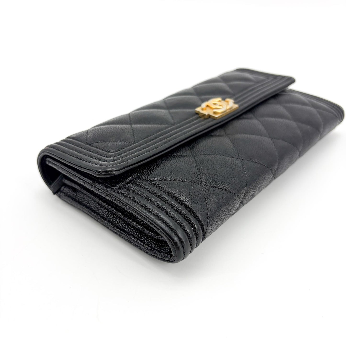 Chanel Boy Quilted Flap Long Wallet Black Gold Hardware