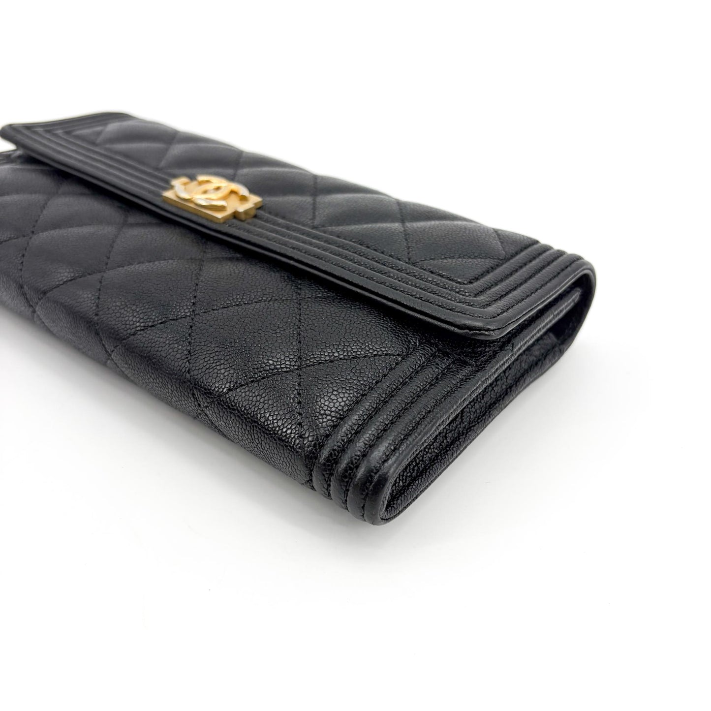Chanel Boy Quilted Flap Long Wallet Black Gold Hardware