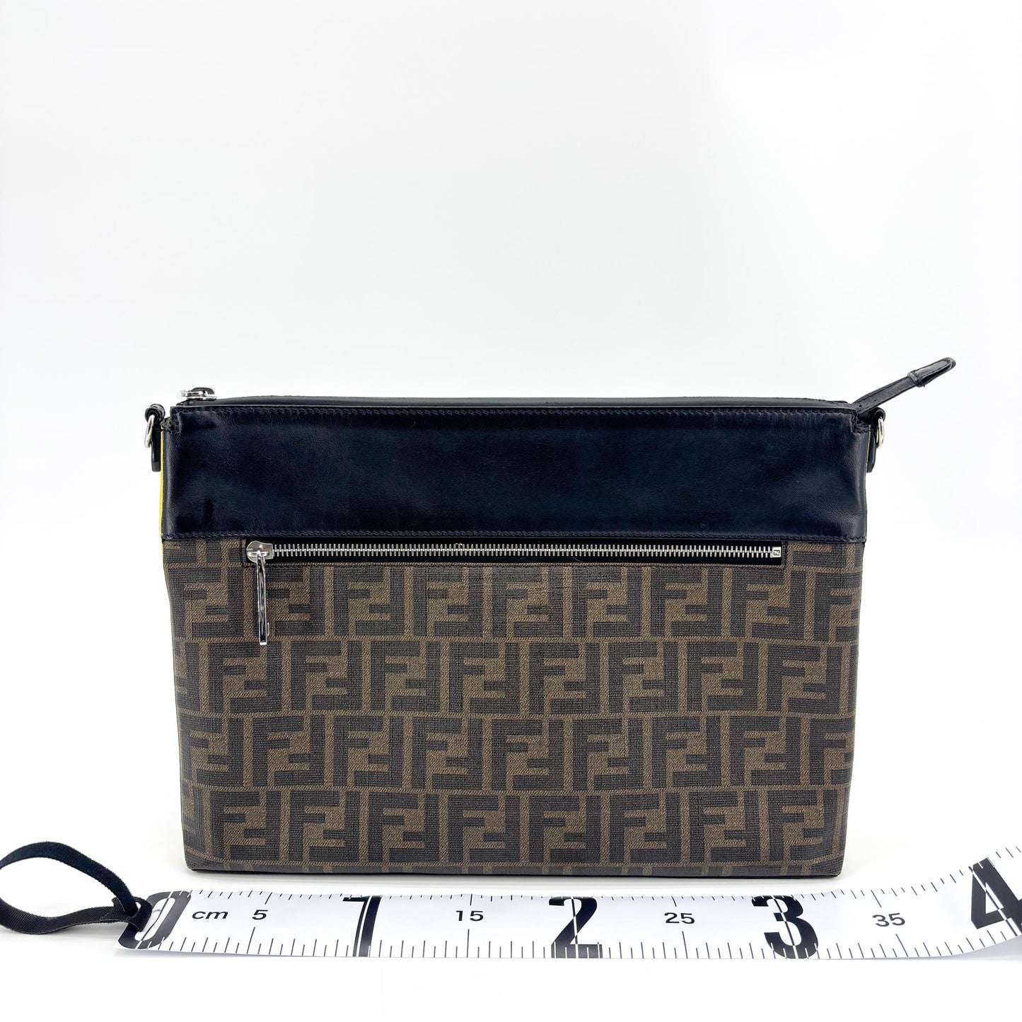 Fendi FF Zucca Canvas Leather Flat Messenger Bag Black Brown