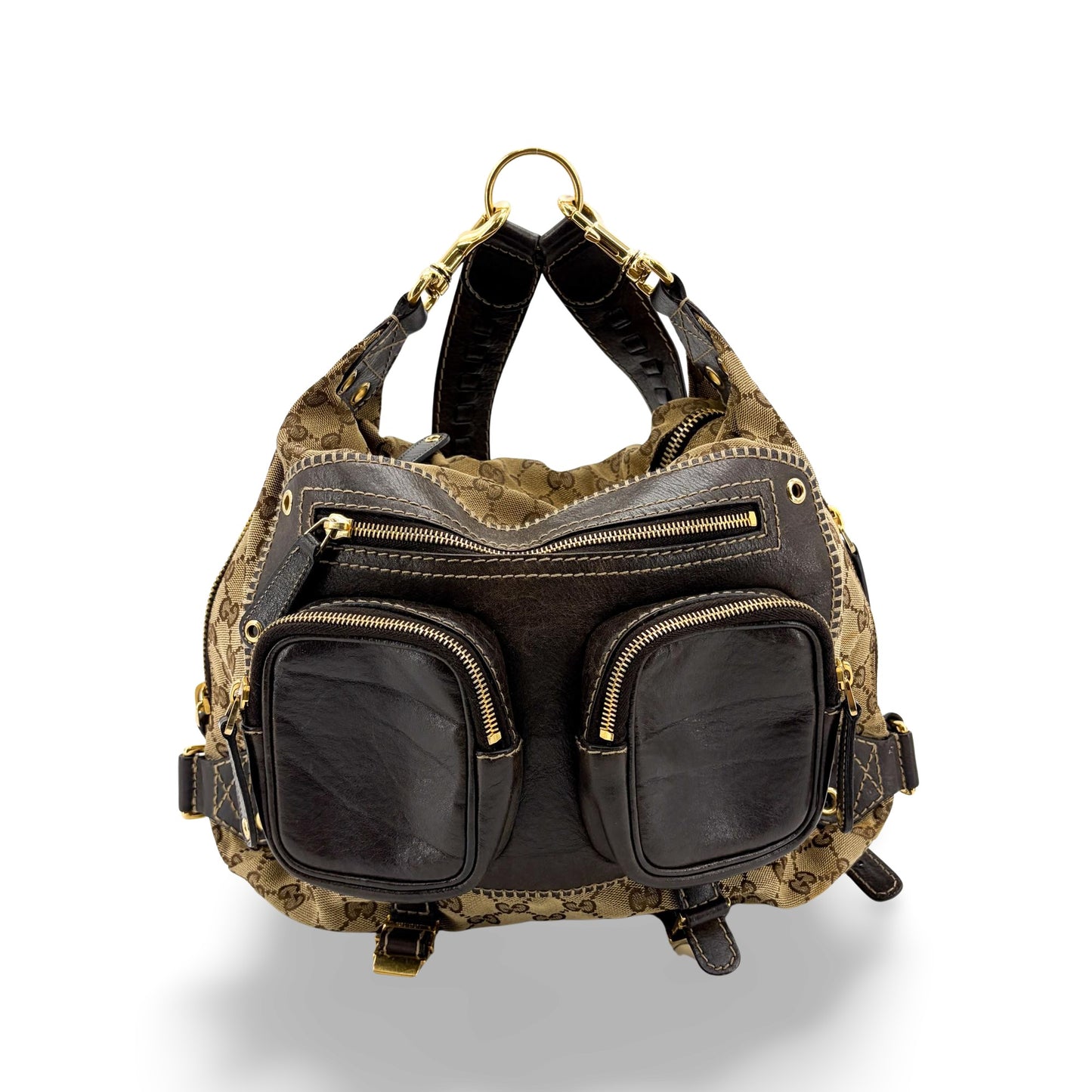 Gucci GG Canvas Dark Brown Leather Multi-Pocket Backpack
