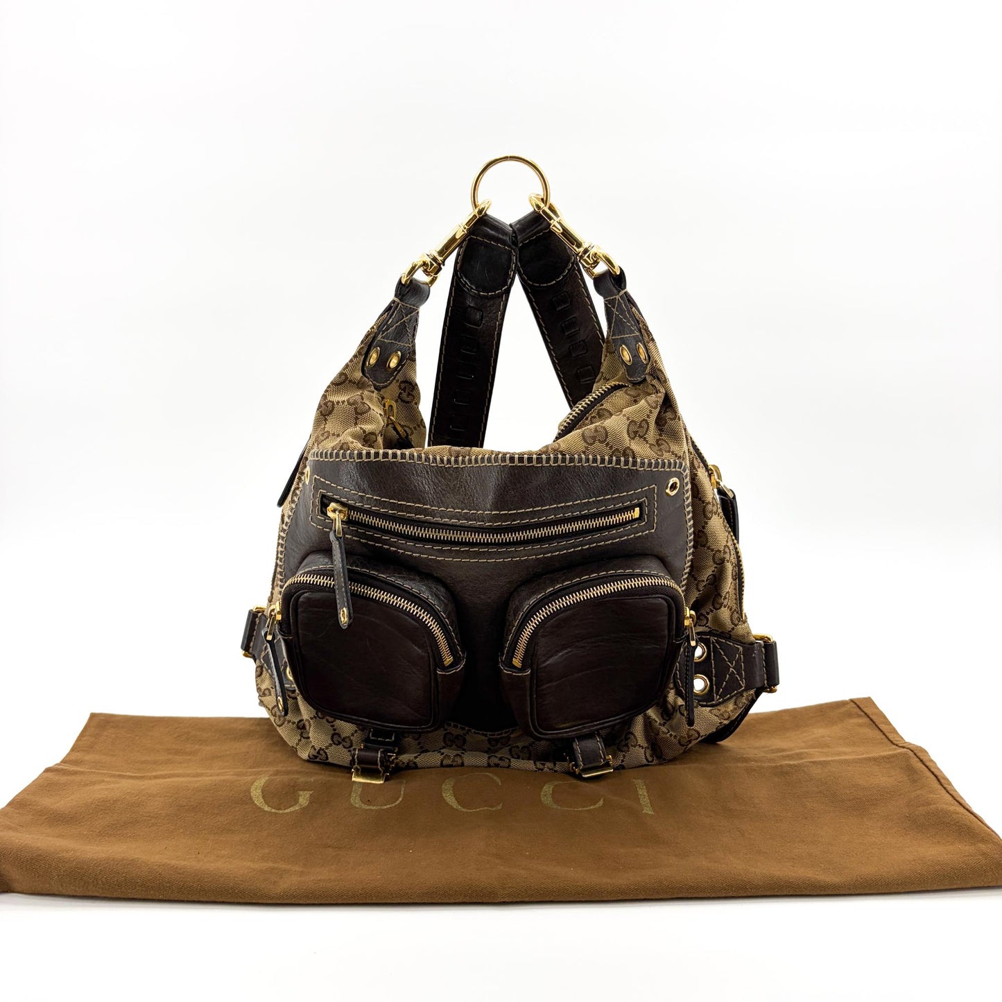 Gucci GG Canvas Dark Brown Leather Multi-Pocket Backpack
