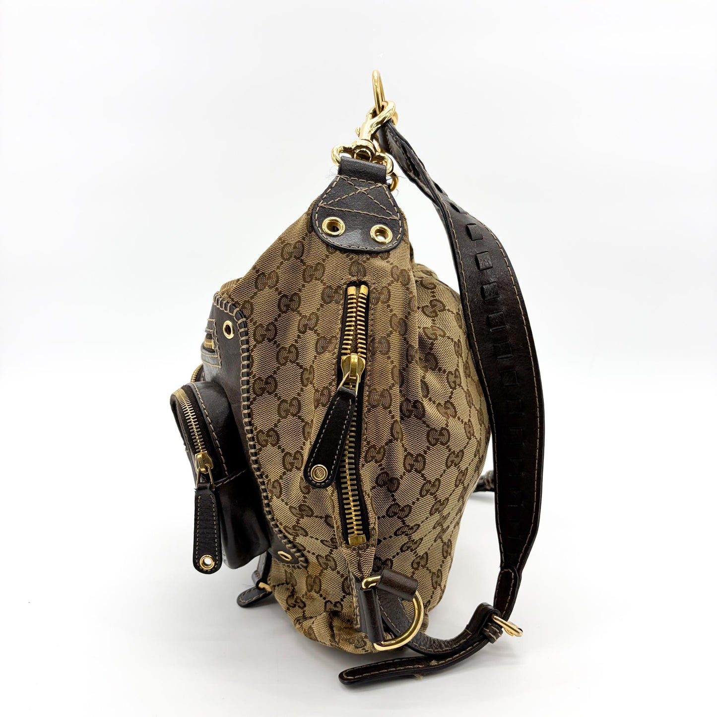 Gucci GG Canvas Dark Brown Leather Multi-Pocket Backpack