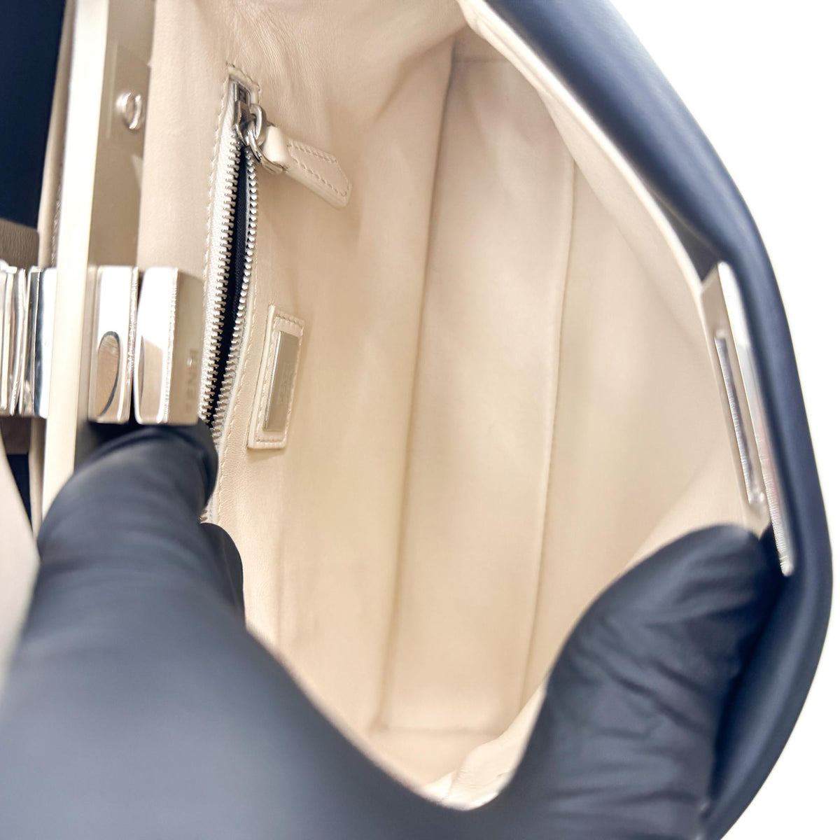 Fendi Mini Peekaboo Leather Ribbon Handle Tote Bag Navy