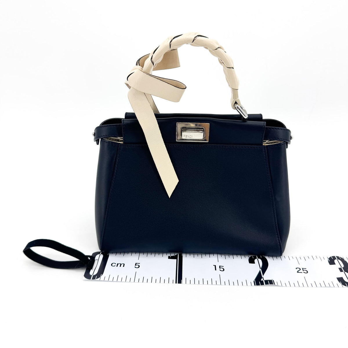 Fendi Mini Peekaboo Leather Ribbon Handle Tote Bag Navy