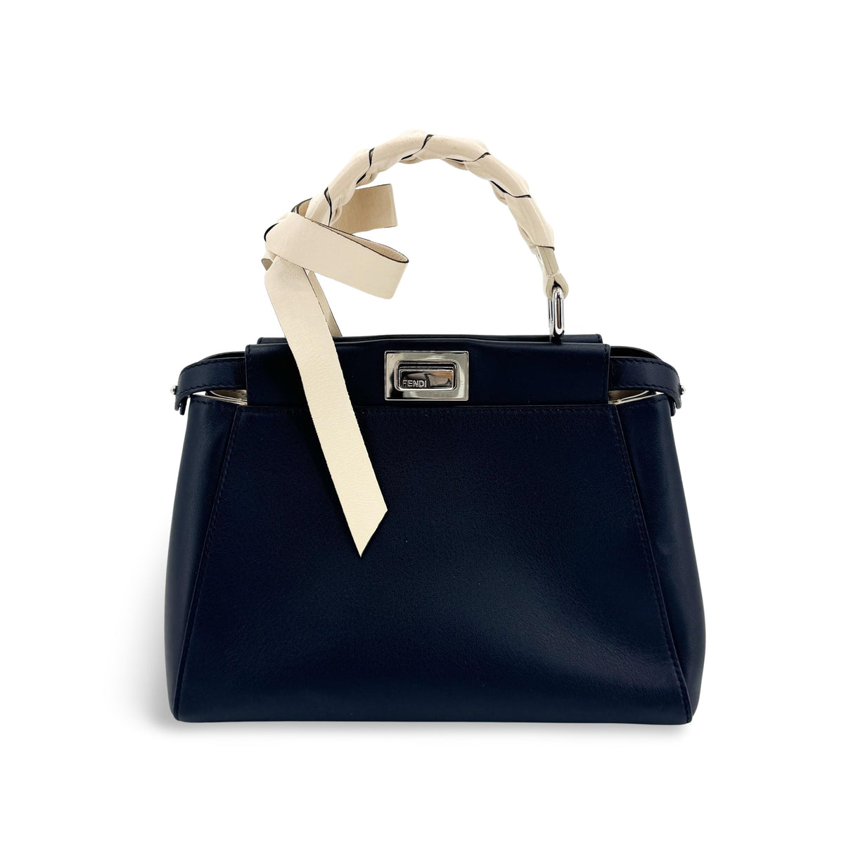 Fendi Mini Peekaboo Leather Ribbon Handle Tote Bag Navy