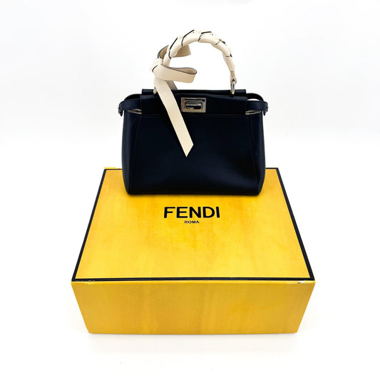 Fendi Mini Peekaboo Leather Ribbon Handle Tote Bag Navy