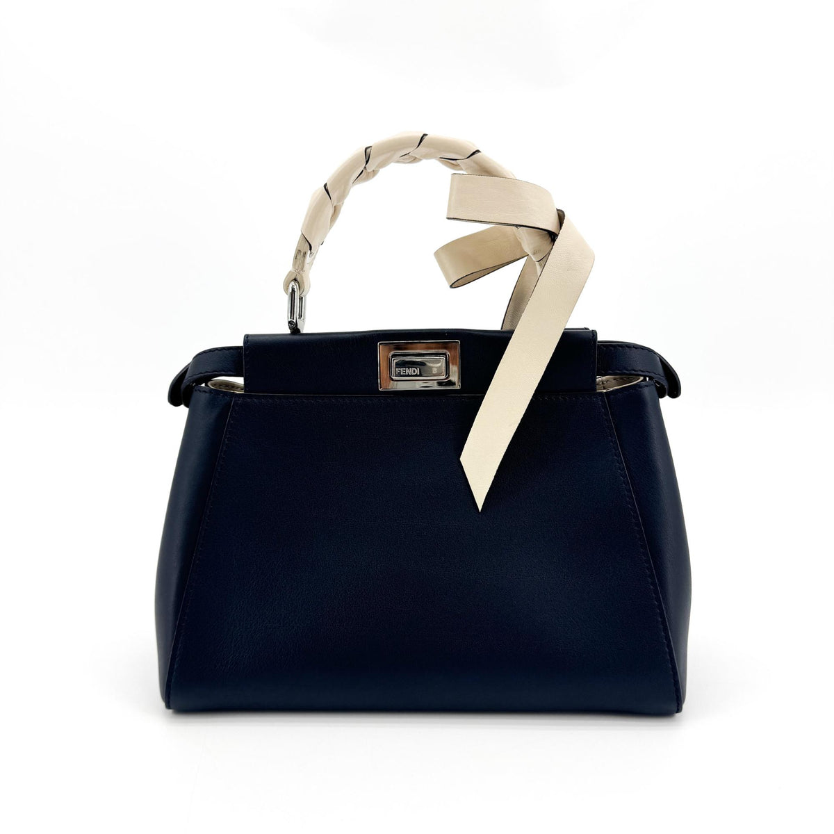 Fendi Mini Peekaboo Leather Ribbon Handle Tote Bag Navy