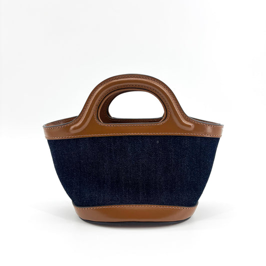 Sac cabas Marni Tropicalia Micro en jean bleu marine et marron