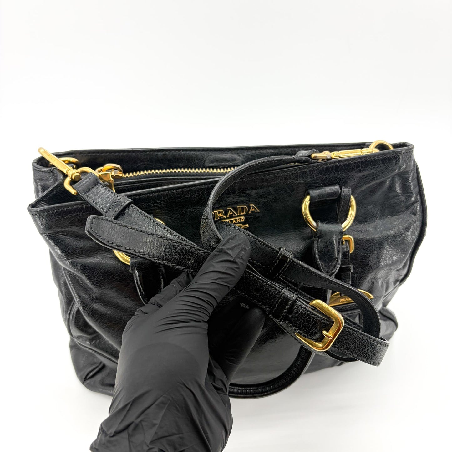 Prada Vitello Shine Tote Bag Black Gold Hardware