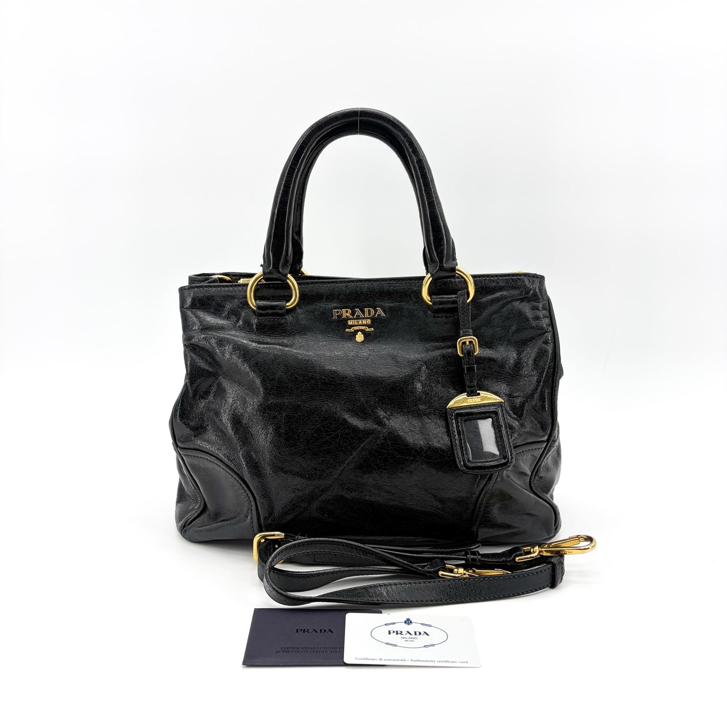 Prada Vitello Shine Tote Bag Black Gold Hardware