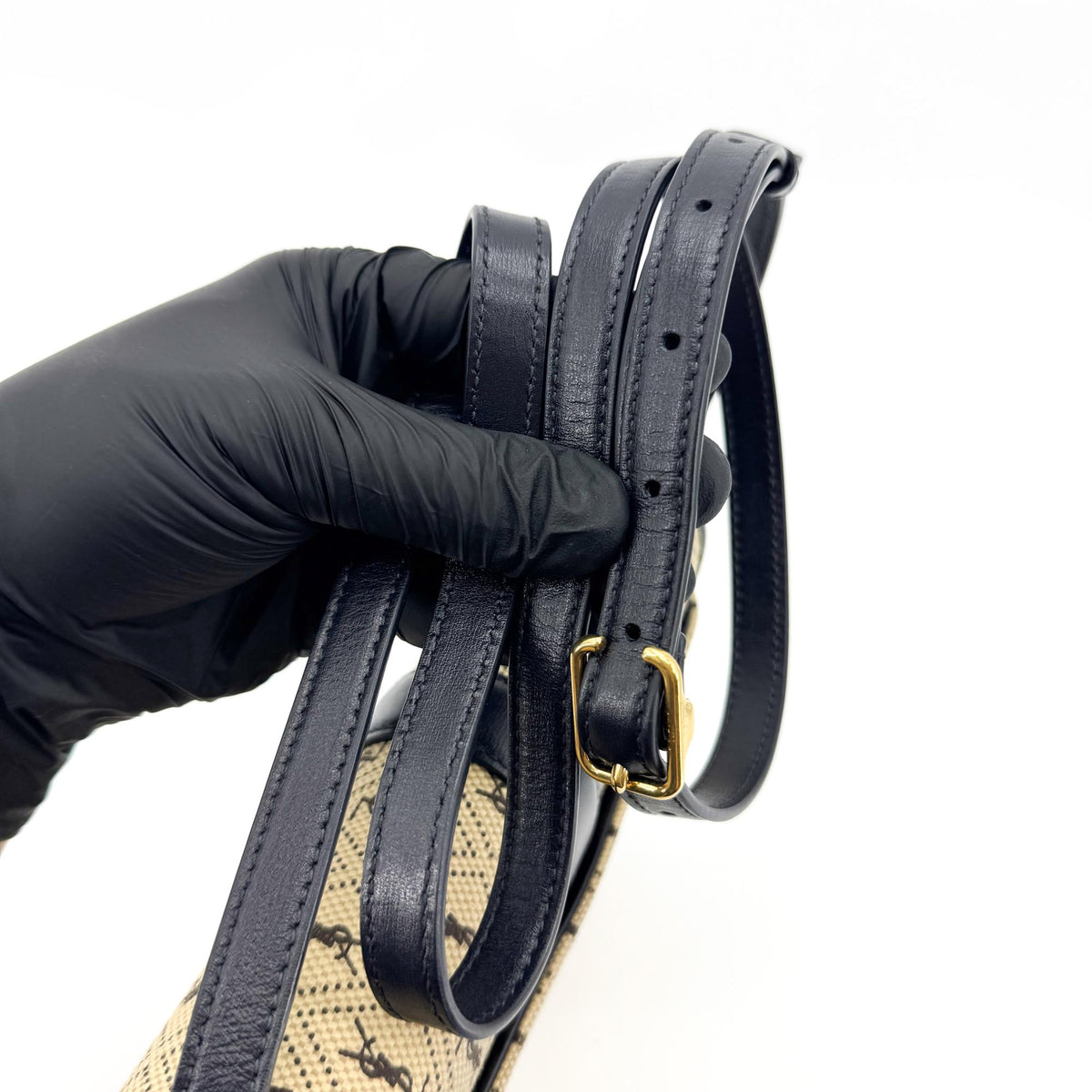 Saint Laurent Monogram Canvas Shoulder Bag Black Beige
