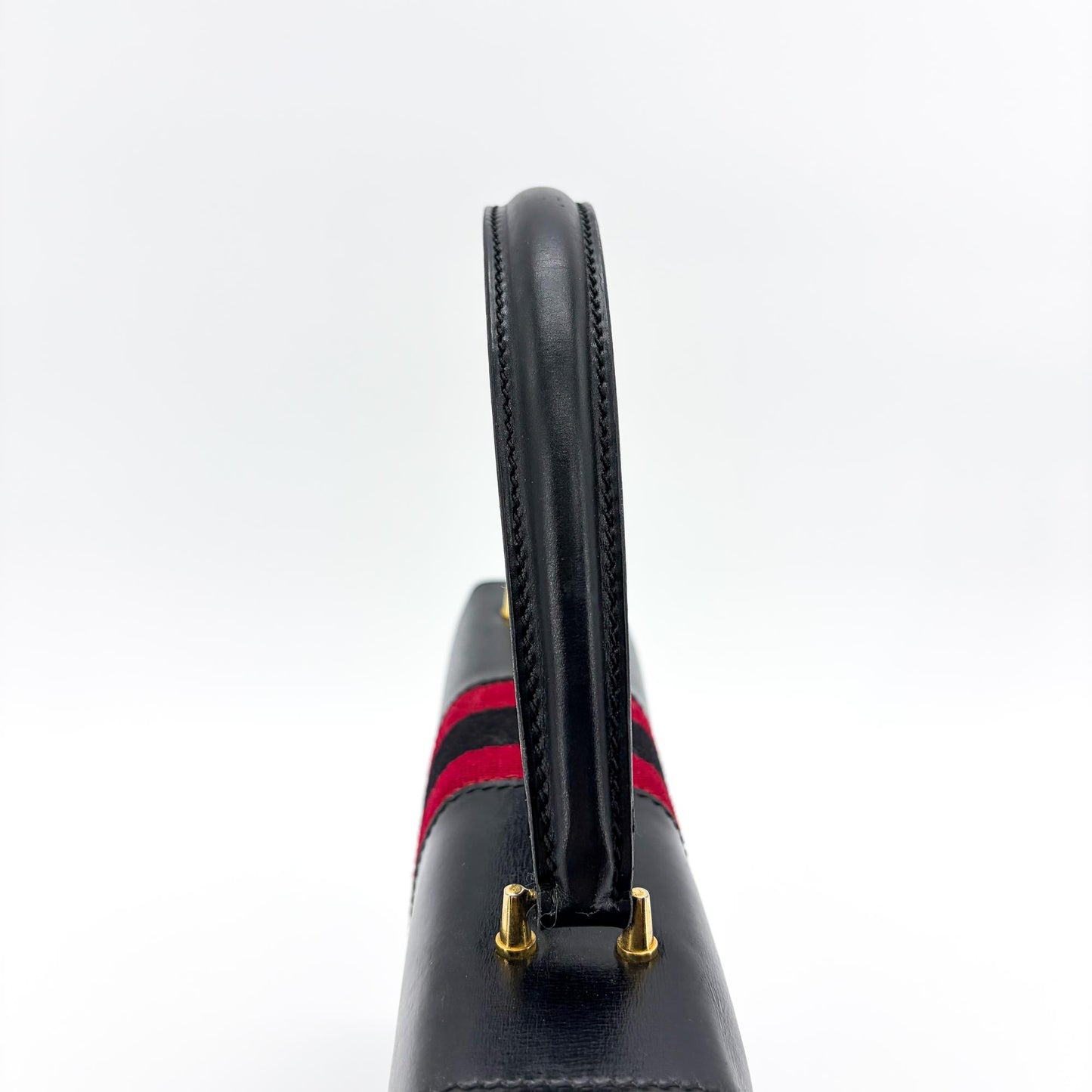 Gucci Vintage Black Leather Web Stripe Top Handle Bag