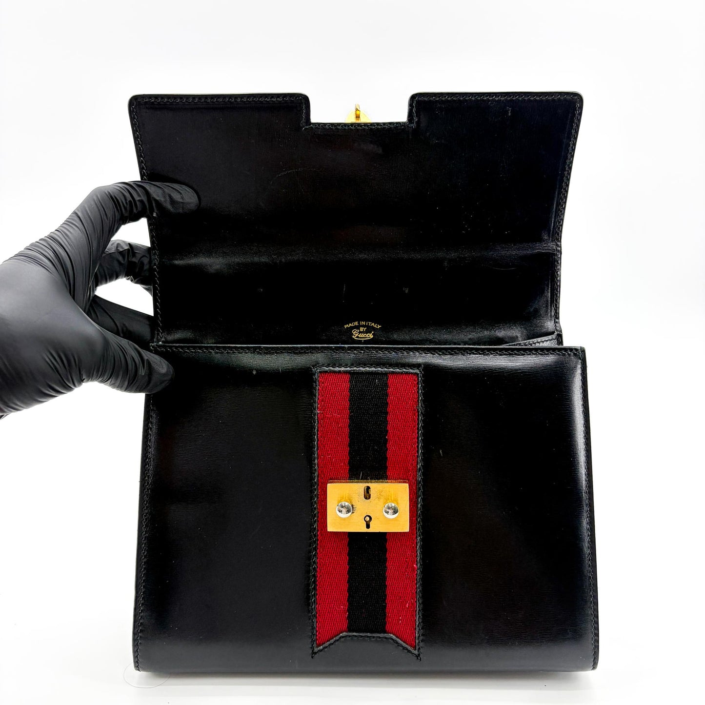 Gucci Vintage Black Leather Web Stripe Top Handle Bag