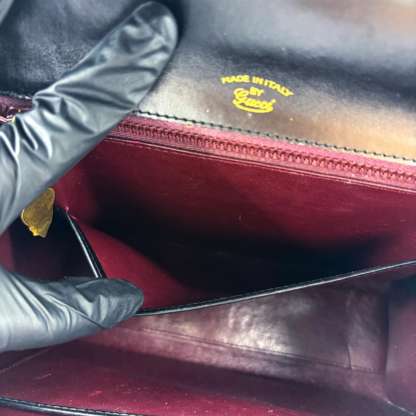 Gucci Vintage Black Leather Web Stripe Top Handle Bag