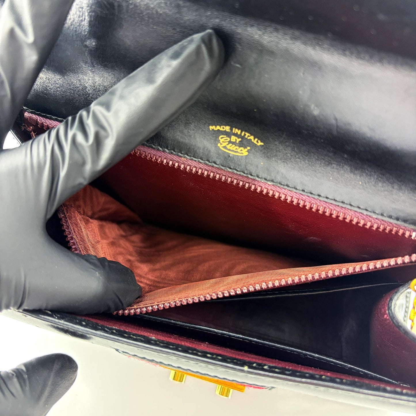 Gucci Vintage Black Leather Web Stripe Top Handle Bag