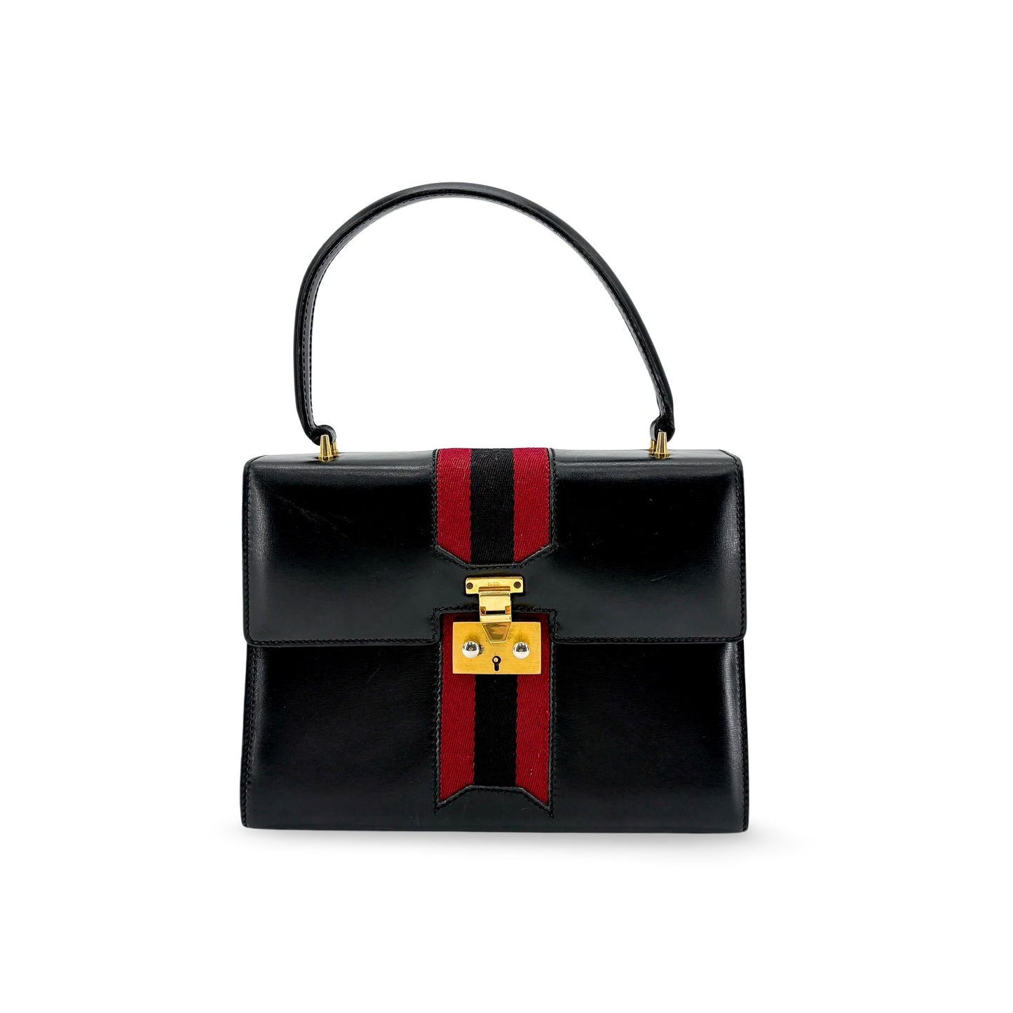 Gucci Vintage Black Leather Web Stripe Top Handle Bag