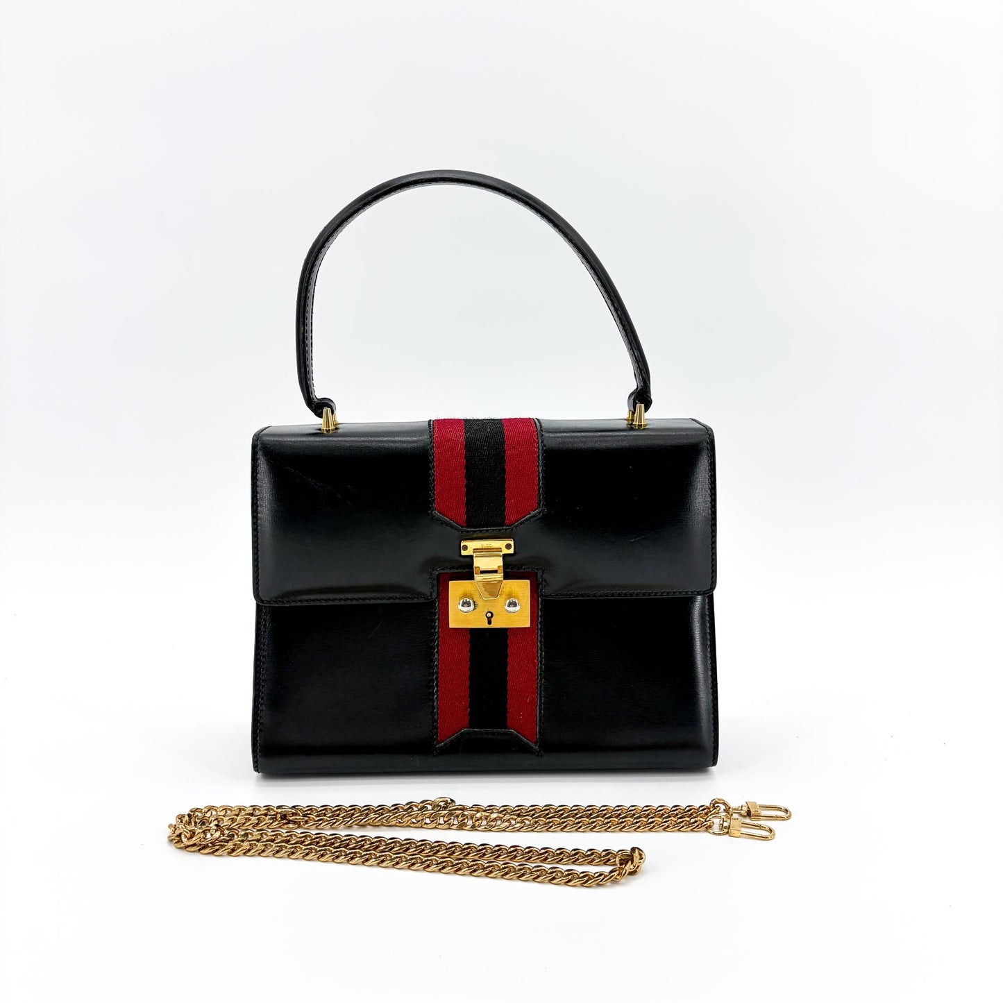 Gucci Vintage Black Leather Web Stripe Top Handle Bag