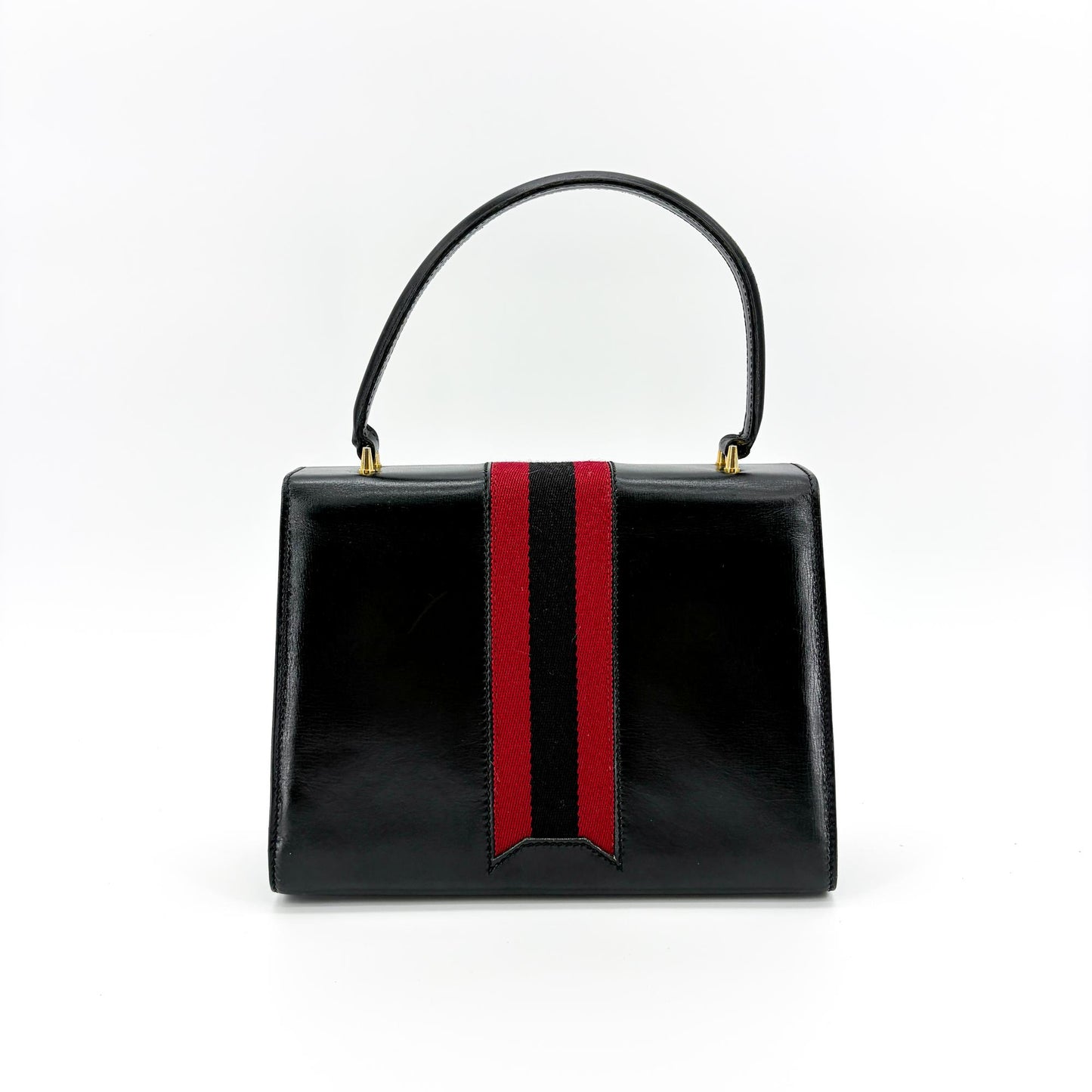 Gucci Vintage Black Leather Web Stripe Top Handle Bag