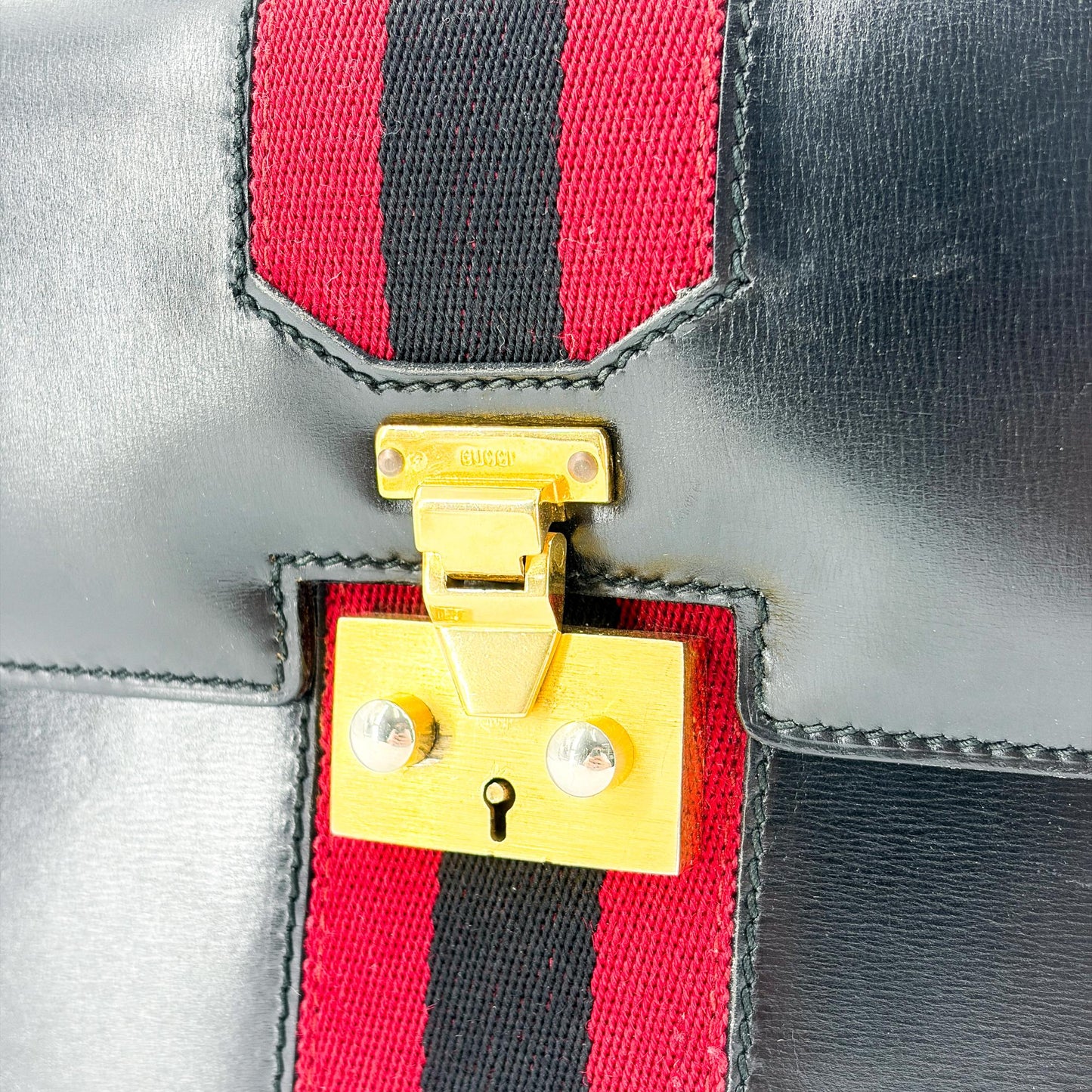 Gucci Vintage Black Leather Web Stripe Top Handle Bag