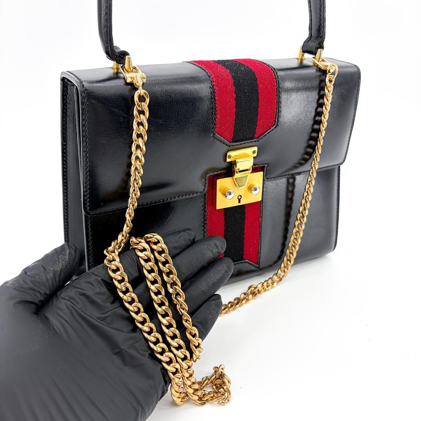 Gucci Vintage Black Leather Web Stripe Top Handle Bag