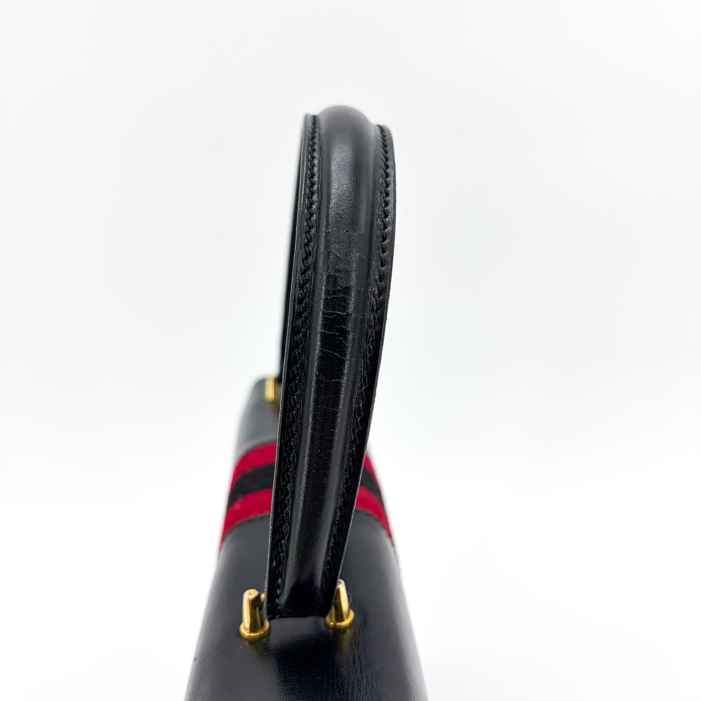 Gucci Vintage Black Leather Web Stripe Top Handle Bag