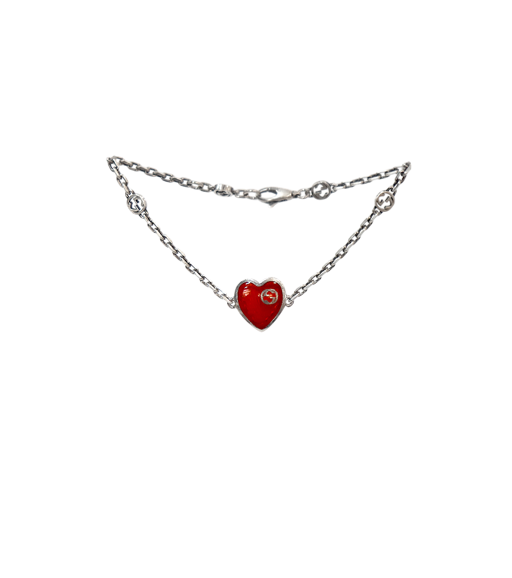 Gucci Red Heart Interlocking G Silver Bracelet