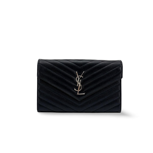 Saint Laurent Cassandre Envelope Chain Wallet Black with Silver Hardware