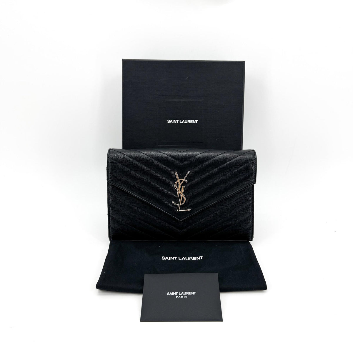 Saint Laurent Cassandre Envelope Chain Wallet Black with Silver Hardware