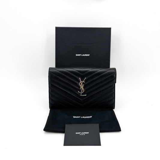 Saint Laurent Cassandre Envelope Chain Wallet Black with Silver Hardware