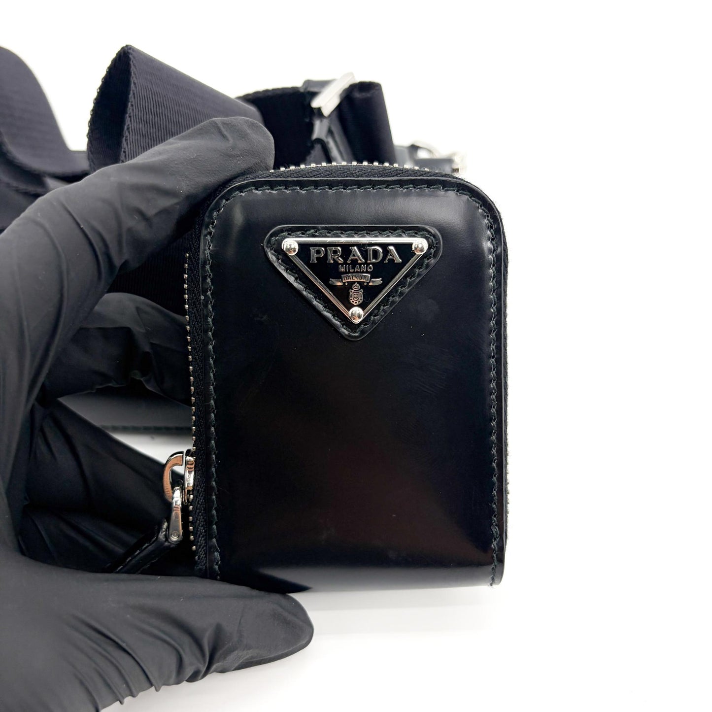 Prada Brushed Leather Triangle Logo Pouch Black