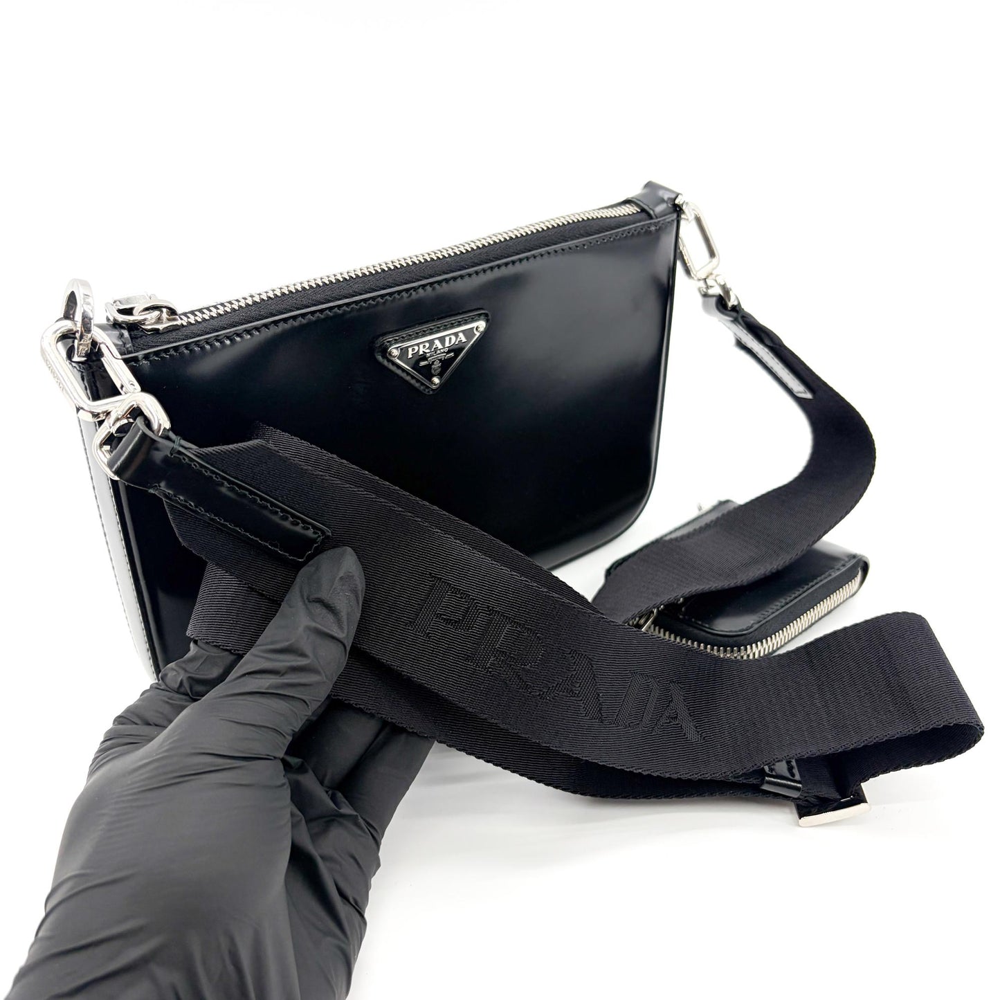 Prada Brushed Leather Triangle Logo Pouch Black