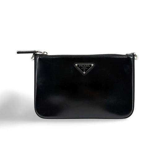 Prada Brushed Leather Triangle Logo Pouch Black