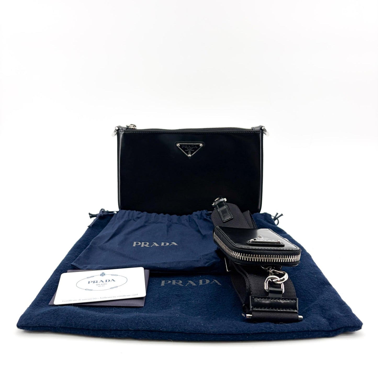 Prada Brushed Leather Triangle Logo Pouch Black