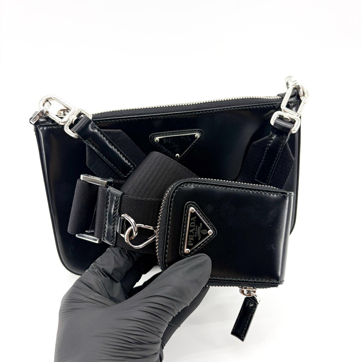 Prada Brushed Leather Triangle Logo Pouch Black