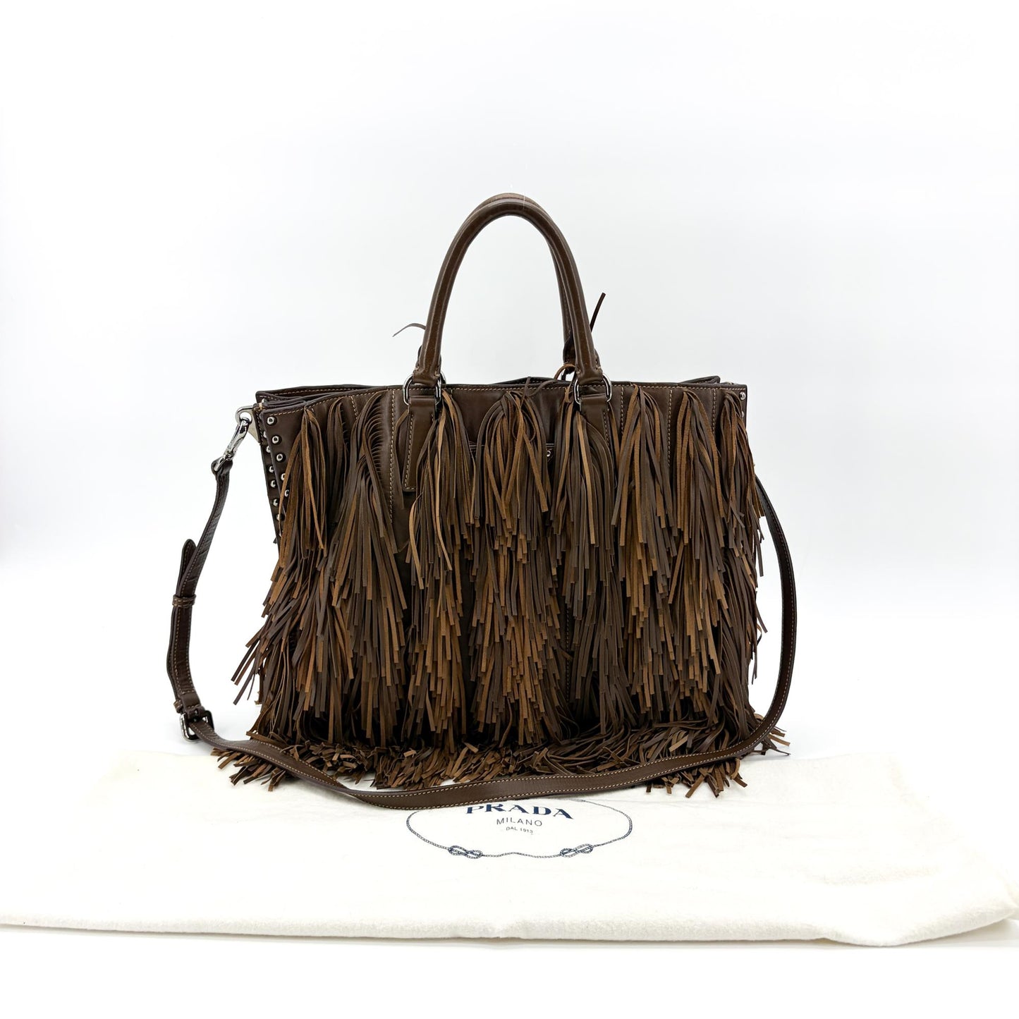 Prada Vitello Daino Fringe Tote Bag Brown