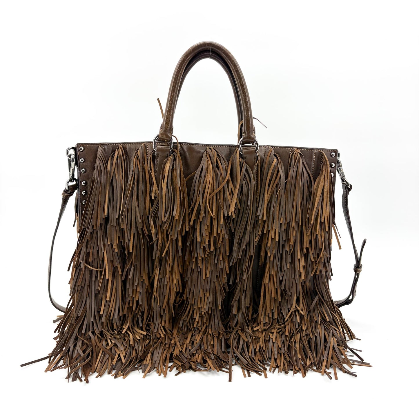 Prada Vitello Daino Fringe Tote Bag Brown
