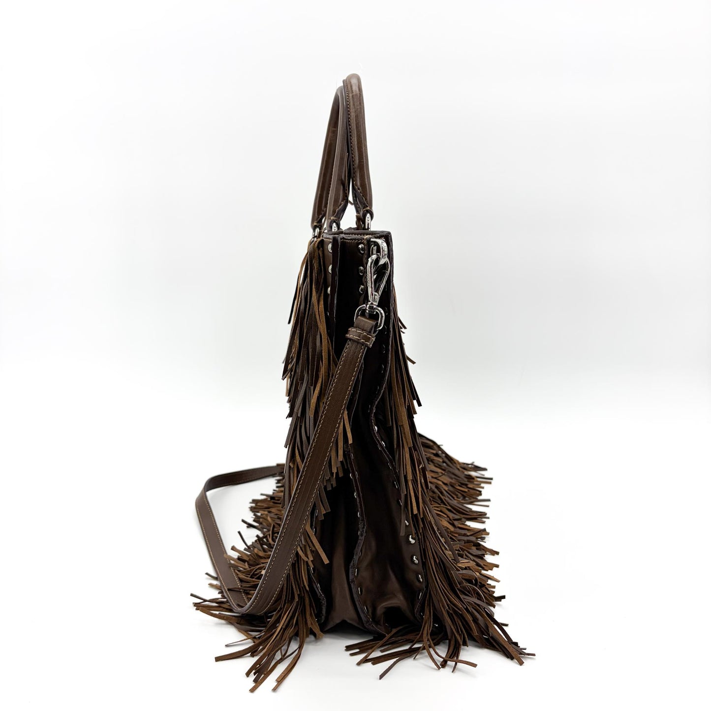 Prada Vitello Daino Fringe Tote Bag Brown