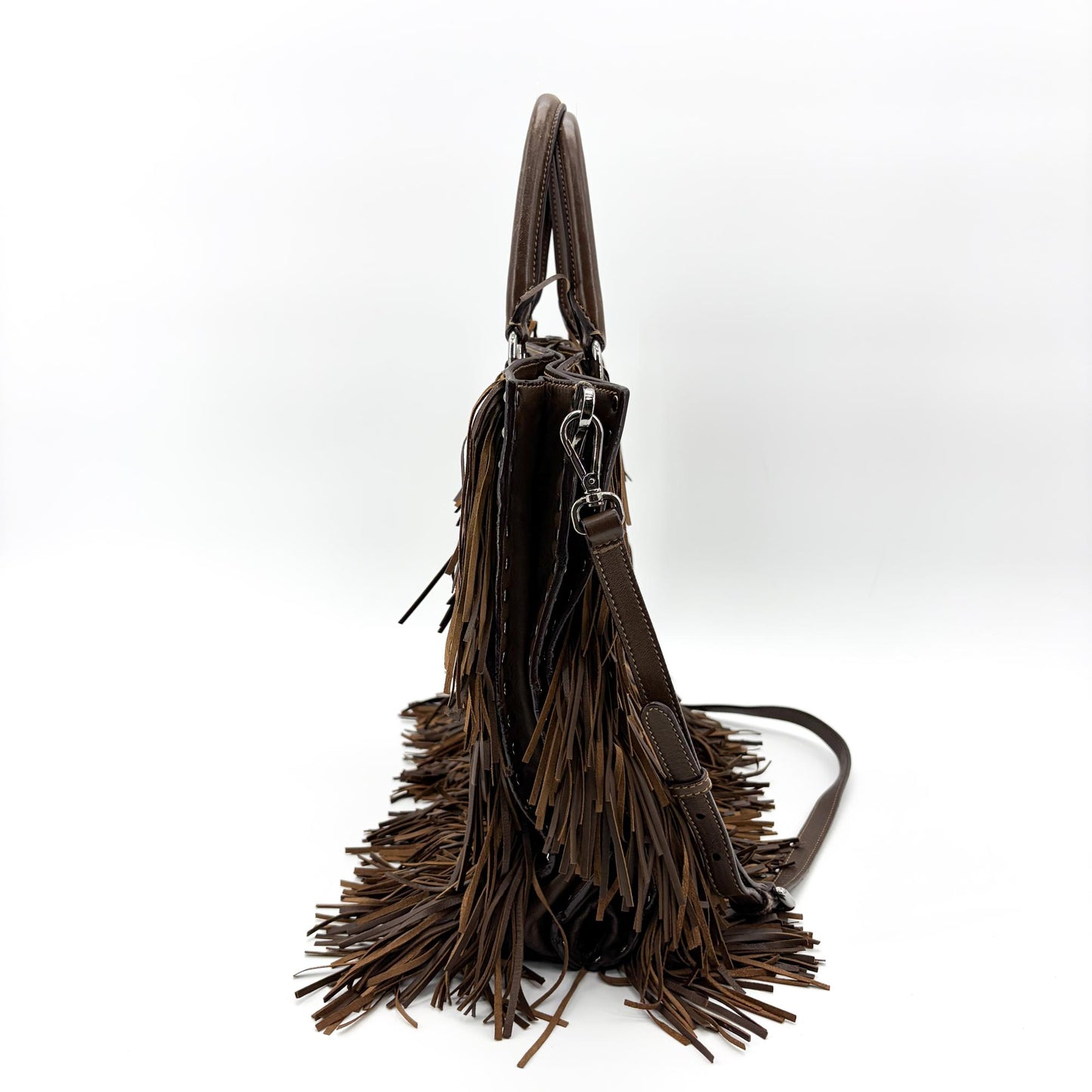 Prada Vitello Daino Fringe Tote Bag Brown