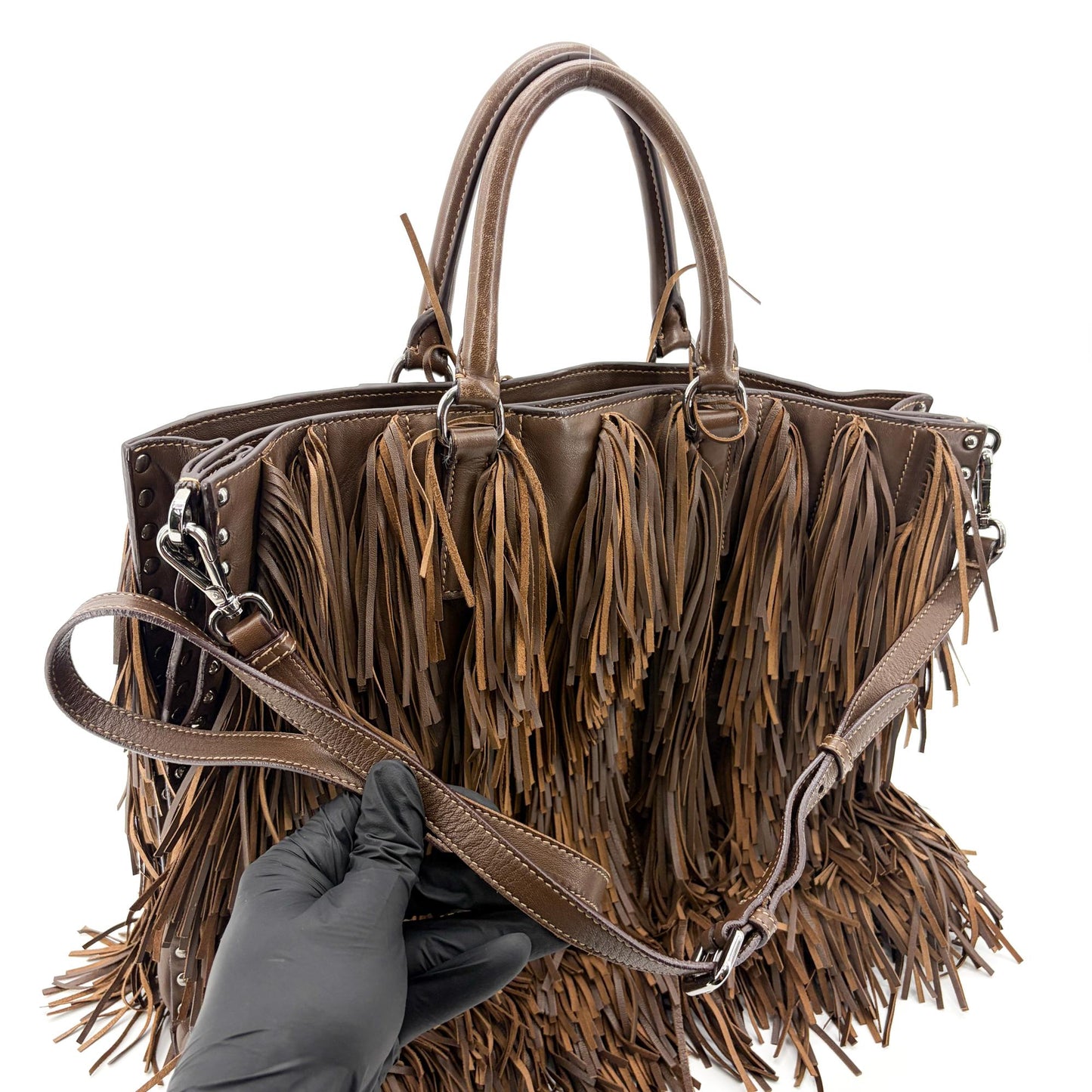 Prada Vitello Daino Fringe Tote Bag Brown
