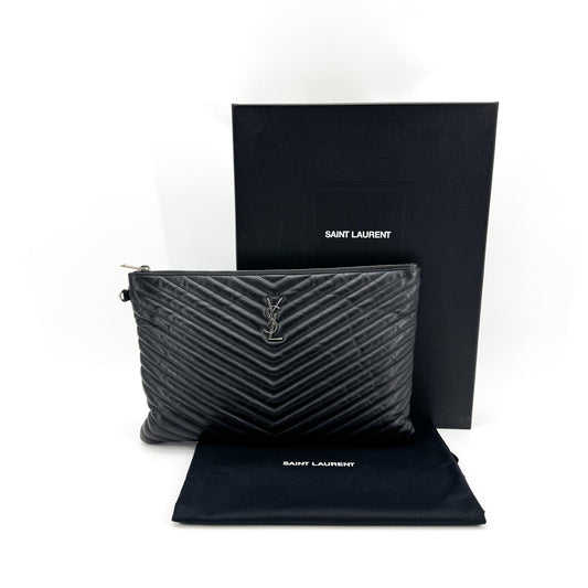 Saint Laurent Monogram Large Clutch Silver Hardware Black