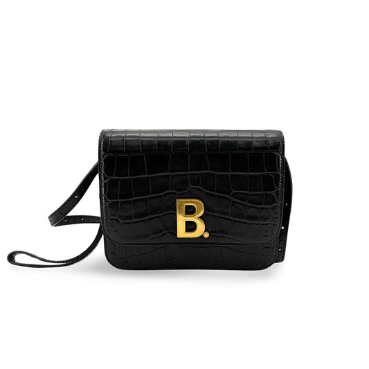 Balenciaga B. Small Shoulder Bag Black Crocodile Embossed Gold Hardware