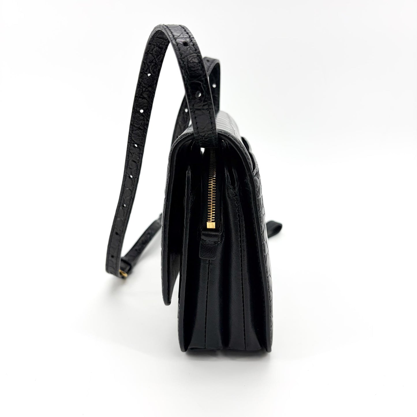 Balenciaga B. Small Shoulder Bag Black Crocodile Embossed Gold Hardware