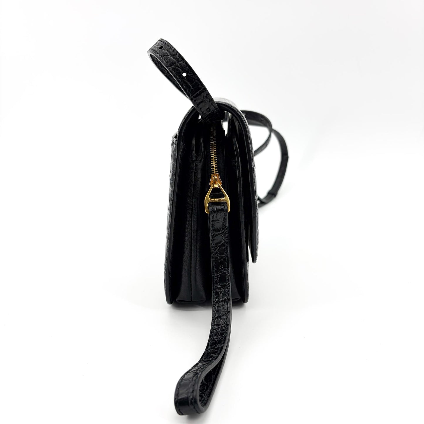 Balenciaga B. Small Shoulder Bag Black Crocodile Embossed Gold Hardware