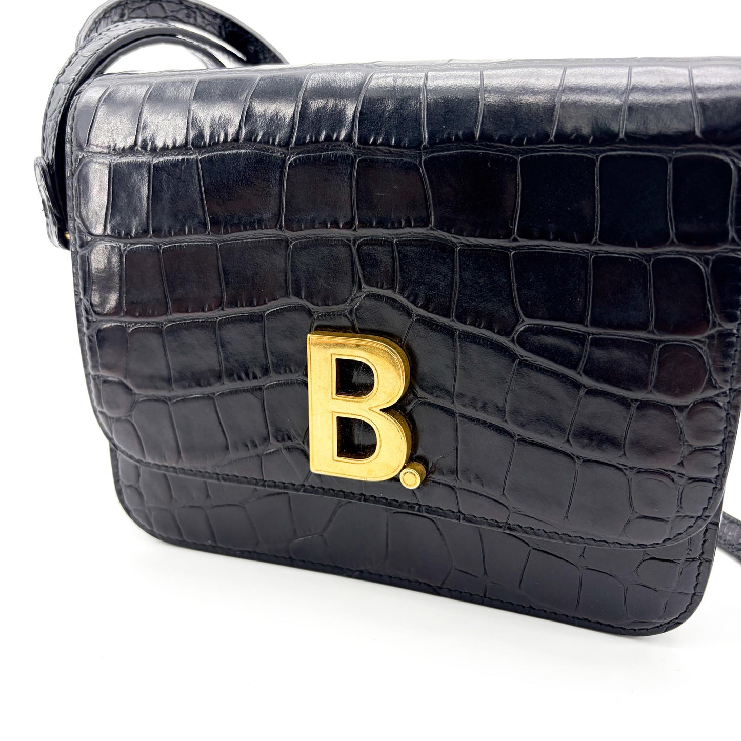 Balenciaga B. Small Shoulder Bag Black Crocodile Embossed Gold Hardware