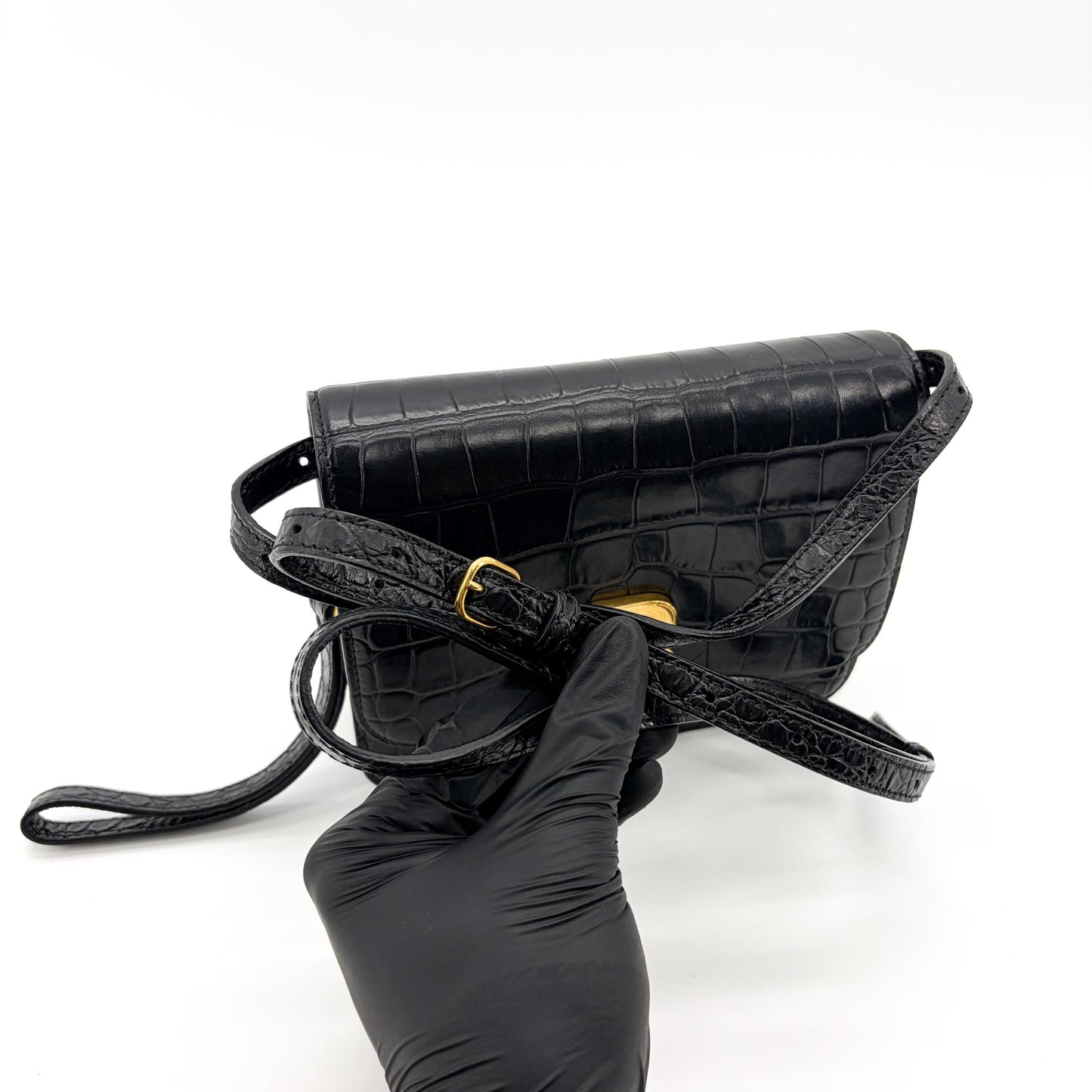 Balenciaga B. Small Shoulder Bag Black Crocodile Embossed Gold Hardware