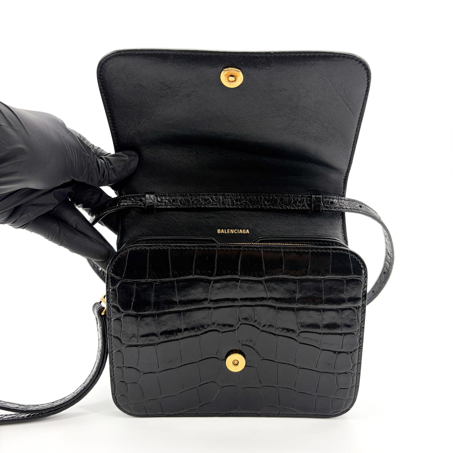 Balenciaga B. Small Shoulder Bag Black Crocodile Embossed Gold Hardware