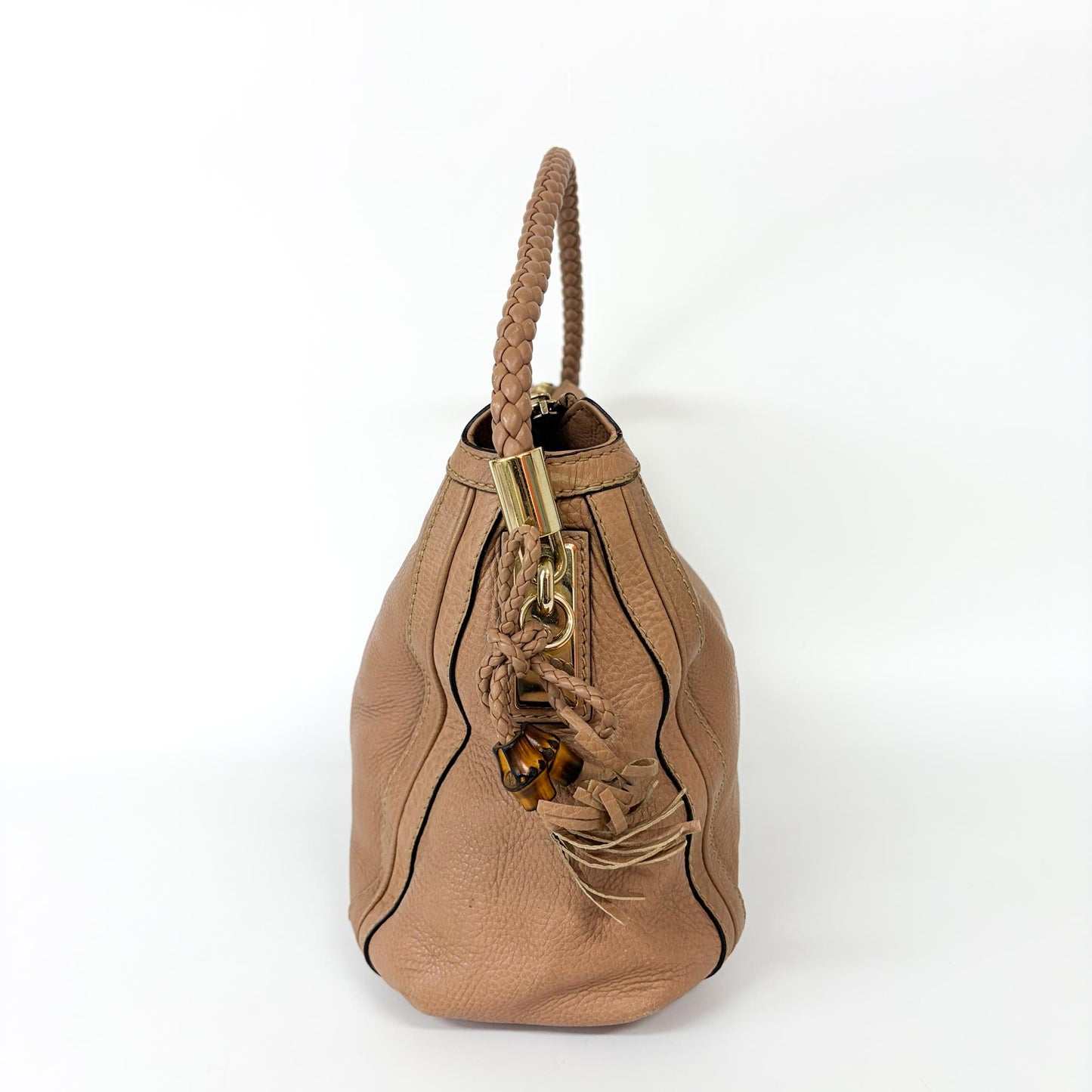 Gucci Bamboo Tassel Braided Handle Hobo Bag Beige