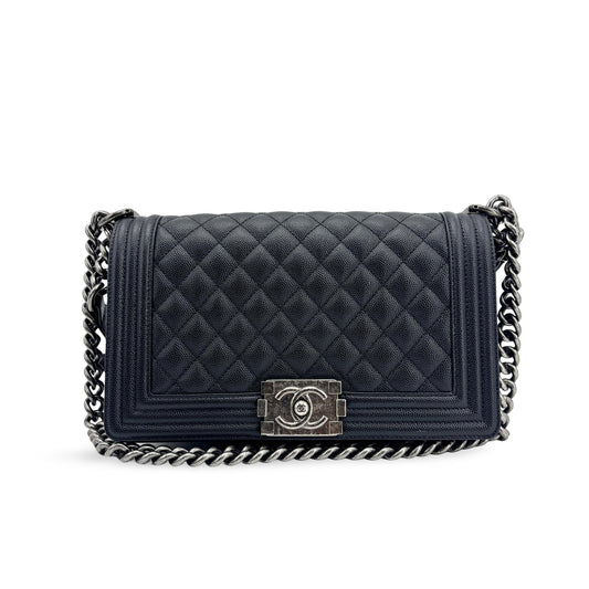 Sac Boy Chanel Moyen Cuir Caviar Noir Bijouterie Argentée Vintage